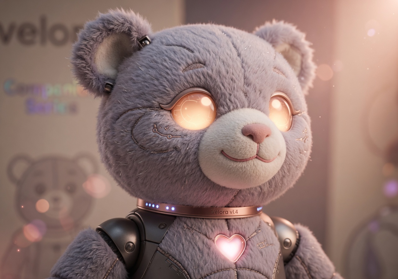 Close-up of Velora's expressive face and plush texture